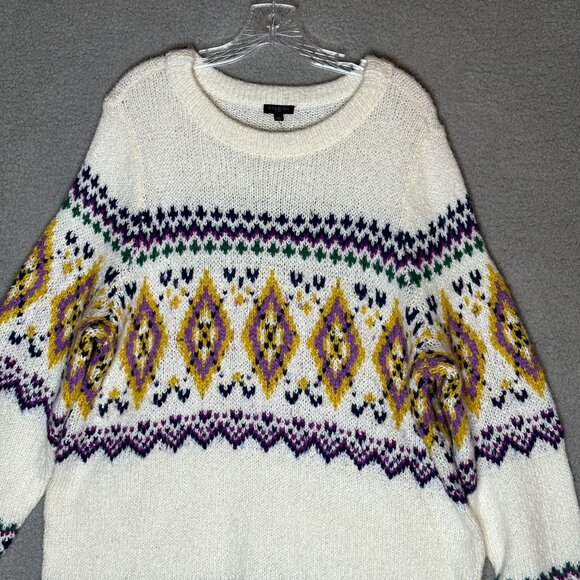 Talbots Plus Size 2X Fair Isle Knit Sweater Ivory Purple Yellow Geometric Nordic - Picture 2 of 11